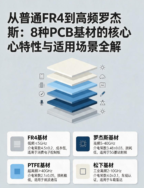 从普通FR4到高频罗杰斯：8种PCB基材的核心特性与适用场景全解